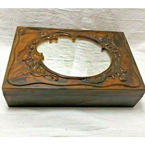 Jewelry Dresser Trinket Box; Removable Mirror  Brown Faux Tortoise Plastic Vtg